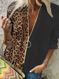 Runhufu Leopard White Spliced Blouse Women Shirts Spring Fall Long Sleeve Zip Up V-Neck Tops Casual Female Plus Size Blouse