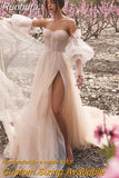 Runhufu Pink Boho Wedding Dress Detachable Puff Sleeve Bridal Dresses Sparky Pleat Side Split Wedding Gowns Beach Sweetheart vesti