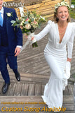 Runhufu Picture Deep V Neck Hollow Back Minimalist Wedding Dress Custom Made Sheath Buttons Ruched Satin Mermaid Bridal Gowns
