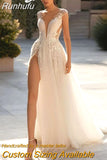 Runhufu YunShang Sexy Deep V-Neck Wedding Dress Cap Sleeve High Side Split Beach Backless Bride Gown Button Train Vestido De Novia