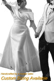 Runhufu V-Neck Off The Shoulder Wedding Mermaid Dress Sleeveless Satin Bohemian Bride Gown Traped Train Vestido De Novia