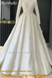 Runhufu High Neck A-Line Wedding Dresses Long Sleeves Lace Appliques Sequined Sweep Train Bridal Gowns Custom Made