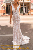 Runhufu Lace Appliques Mermaid Wedding Dress Sheer V-Neck Sleeveless Open Back Bridal Gown For Women Custom Made Robe De Mariée