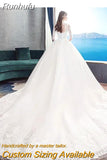 Runhufu Embroidery Wedding Dress With Big Train 2023 High Neck Half Sleeve Wedding Gown Vintage Bridal Gown