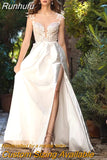 Runhufu High Slit Wedding Dress Lace Appliques Cap Sleeves Vestido De Novia Backless Elegant Bridal Gown For Bride Robe De Mariée