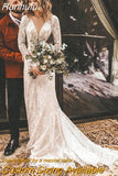 Runhufu Long Sleeves Floral Lace V Neck Boho Wedding Dress Deep V Neck Open Back Modest Rustic Civil Bridal Gown