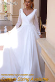 Runhufu Boho V-Neck Wedding Dress For Women Long Sleeves Pleats A-Line Simple Chiffon Bride Gown Sweep Train Vestido de Novia