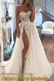 Runhufu Wedding Dresses Women's Sweetheart A-line Lace Decal Tulle Side High Split Princess Bridal Gowns Sleeveless Robe Vestid 925
