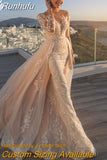 Runhufu Detachable 2 In 1 Wedding Dress Embroidered Lace On Net With Train O-neck Fullsleeve Vintage Bride Gowns Vestido De Novia