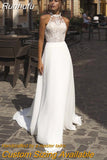 Runhufu Simple Halter Collar Wedding Dress White Sexy High Split Jewel Neck Chiffon Boho Bridal Dress Beach Wedding Gowns