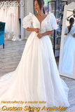 Runhufu Deep V-Neck A-Line Wedding Dresses Puffy Sleeves Princess Bridal Gowns Plus Size Custom Made