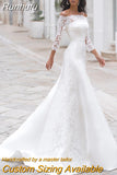 Runhufu NICEB Sexy Boat Neck Mermaid Wedding Dress 3/4 Lace Sleeves robe de mariée Off Shoulder Appliques Buttons Bridal Gown