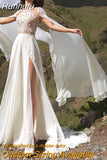 Runhufu Chiffon Wedding Dresses With Cape 2023 A-Line Side Slit O-Neck Lace Appliques Sexy Open Back Sweep Train Bridal Gown