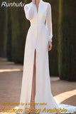 Runhufu Simple Long Sleeve Wedding Dresses 2023 Sexy V-Neck Side Slit Bridal Gown Charming Cut Out Back Elegant vestidos de noiva