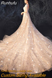 Runhufu New O Neck Wedding Dress With Sweep Train Shining Sequins Lave Bridal Ball Gown Plus Size Custom Made Vestido De Noiva