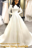 Runhufu Princess Wedding Dress Satin Long Sleeve Elegant Muslim Bride Dresses Buttons Country Wedding Gown Vestido de novia
