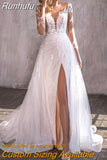 Runhufu NICEB Luxury Appliques Wedding Dress Boho Mermaid Detachable Train Side Split Three Quarter Sleeves Bride Gown Illusion