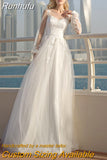 Runhufu Tulle Wedding Dresses 2023 A-Line Sheer O-Neck Lantern Long Sleeve Appliques Beach Bridal Gown Lace-Up Floor Length