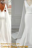 Runhufu Neck Column Crepe Wedding Dress Detachable Chiffon Shoulder Wings Custom Made Belt Simple V Neck Backless Satin Bridal Gowns
