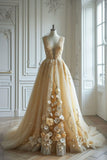 Champagne A-line V-neck Tulle Sequin Wedding Dress, Beaded Applique Long Prom Dress HZ1108