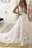 Runhufu Line Backless Wedding Dresses V-neck Custom-made Court Train Appliques Sleeveless Robe De Mariée Engagement Plus Size
