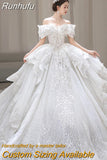 Runhufu New Luxury Off The Shoulder Wedding Dress Lace Applique Boat Neck Bridal Dress Ball Gown Vestido De Noiva With A Big Tail
