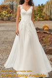 Runhufu Wedding Dress A Line Vestido De Novia 2023 Lace Appliques Button Back Bride Gown Boho Tulle Robe Mariage Boda Trouwjurk