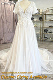 runhufu Lace V-Neck Boho Wedding Dress with Sleeves vestidos de fiesta A Line Tulle Beach Wedding Gowns 2023 Hochzeit