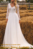 runhufu Chiffon V Neck Long Sleeve Bridal Dress Sweep Train Lace Open Back Bohemian Boho Beach Wedding Dress Wedding Gown