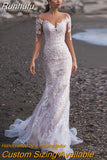 Runhufu Long Sleeves Mermaid Tulle Wedding Dress Elegant V-Neck Lace Appliques Illusion Back With Button Bridal Gown Custom Made