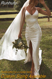 Runhufu Simple Mermaid Wedding Dresses for Women Spaghetti Straps Backless Side Split Boho Pleat Bridal Gowns vestidos de novia