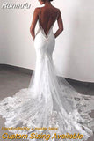 Runhufu White Mermaid Wedding Dresses Lace Open Back Spaghetti Straps Appliqued Bridal Gowns Elegant Vintage Vestidos De Novia