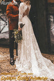 Runhufu Long Sleeves Floral Lace V Neck Boho Wedding Dress Deep V Neck Open Back Modest Rustic Civil Bridal Gown