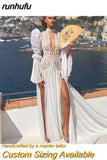 runhufu Moderne Kant Applicaties Borduren Mermaid Trouwjurken V-hals Uit De Schouder Trouwjurk Boho Bridal Jurk
