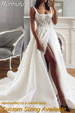 Runhufu Ladies Wedding Dress Lace Applique Beach Bridal Dress Satin Elegant Princess Robe Open Back Spaghetti Straps 2023 Side