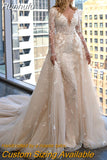 Runhufu Detachable 2 In 1 Wedding Dress Pearls Mermaid Embroidered Lace On Net With V-neck Full Sleeve Button Gowns Robe De Marie