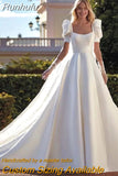 Runhufu Mariée Satin Elegant Wedding Dress Puff Sleeves With Square Collar A-line Ball Gown Back Backless Button Custom Made