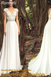 Runhufu Boho Chiffon Wedding Dress V-Neck Floor Length Pliess Beach Rustic Civil Vintage Bridal Gowns Low Back Cheap Sweep Train