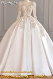Runhufu New Sexy Backless Wedding Dresses Long Sleeve Satin V-neck Ball Gown Wedding Gowns Lace Bridal Dress Vestido De Noiva