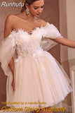 Runhufu Princess Short Wedding Dresses Flower Sweetheart Off The Shoulder Mini Short Tulle Fariy Bride Gowns Robe De Mariee Custom