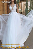 Runhufu Elegant Long V-Neck Wedding Gowns Sleeveless Appliques Flowy Tulle Backless Bridal Dresses Sexy Wedding Dress For Women