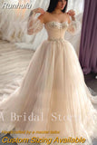 Runhufu Champagne Tulle Wedding Dresses Beaded Appliques Sweetheart Neckline Corset Back Chic Bridal Wedding Party Gowns