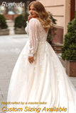 Runhufu A-line Plus Size Wedding Dresses 2023 for Women Tulle Long Sleeve V-neck Appliques Bridal Gown Elegant Robe de Mariee