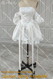 Runhufu Satin Short Lantern Sleeve Simple After Party Wedding Dress Custom Made Classic Square Neck Ribbon Cute Bridal Gowns