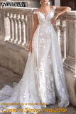 Runhufu 2 In 1 Wedding Dress Tulle Scoop Cap Sleeves Backless Lace Appliques Bridal Gowns With Detachable Train свадебное платье