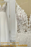 runhufu A-Line Chiffon Illusion Bodice Backless Beach Wedding Dresses for Women Appliques Unique Tail Summer Boho Bride Dress