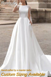 Runhufu Elegant Satin Wedding Dresses Long Sleeve Lace Bride Gown Illusion Back Wedding Gown Covered Back Vestido de novia 2023