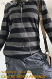 Runhufu Women Fairy Grunge Knit Basic Shirt Autumn Y2K Grey Black Striped Long Sleeve Round Neck Tops Emo Tee