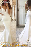 Runhufu Appliques Deep V-Neck Mermaid Wedding Dresses 2023 Charming Cap Sleeve Long Sweep Train Backless Formal Satin Bridal Gown