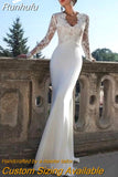 Runhufu Lace Long Sleeve Mermaid Wedding Dress For Women With Train Elastic Appliques Bridal Gown Zipper Back Custom Made